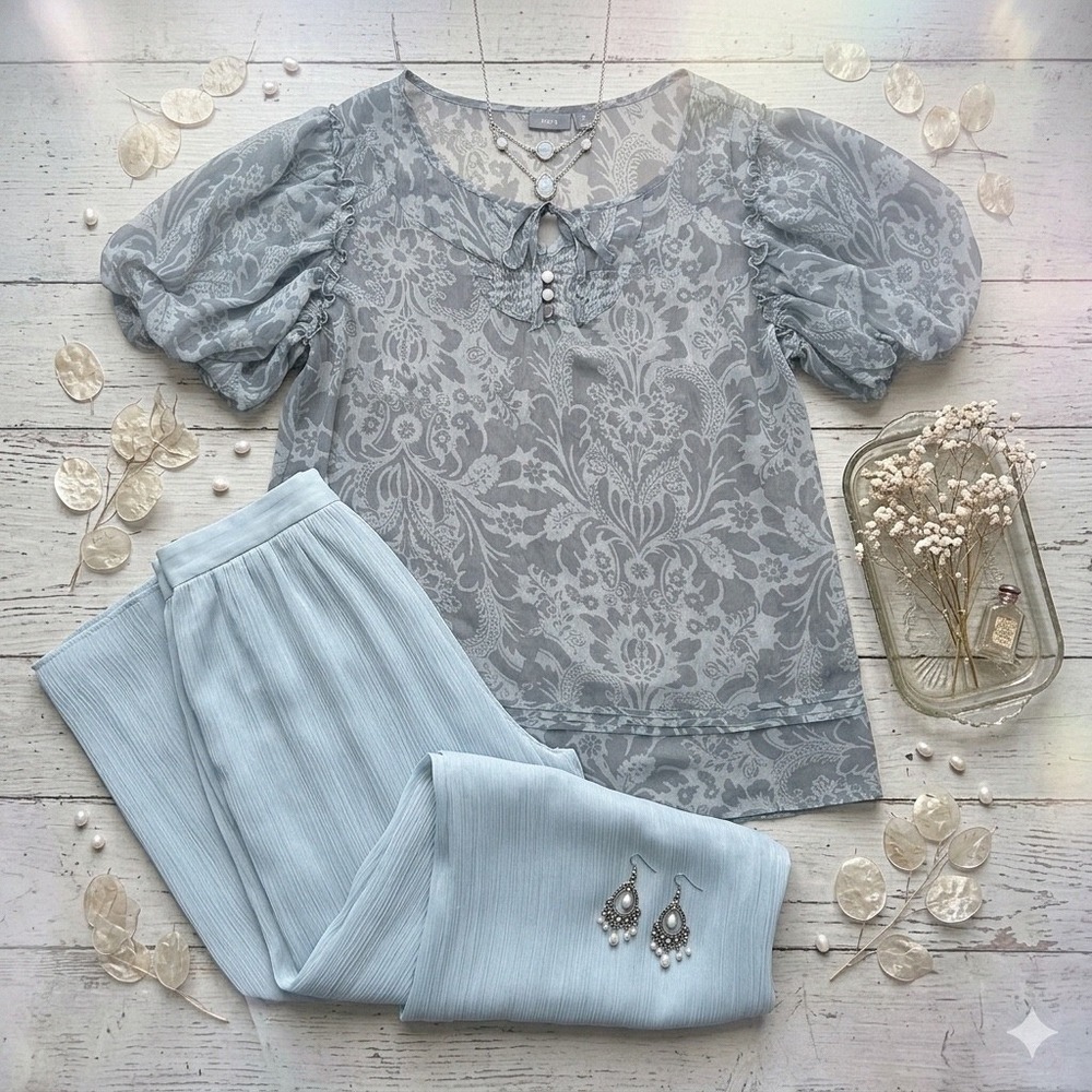 Apt. 9 Blouse Women XL Grey Damask Paisley Puff Sleeve Romantic Boho Cottagecore